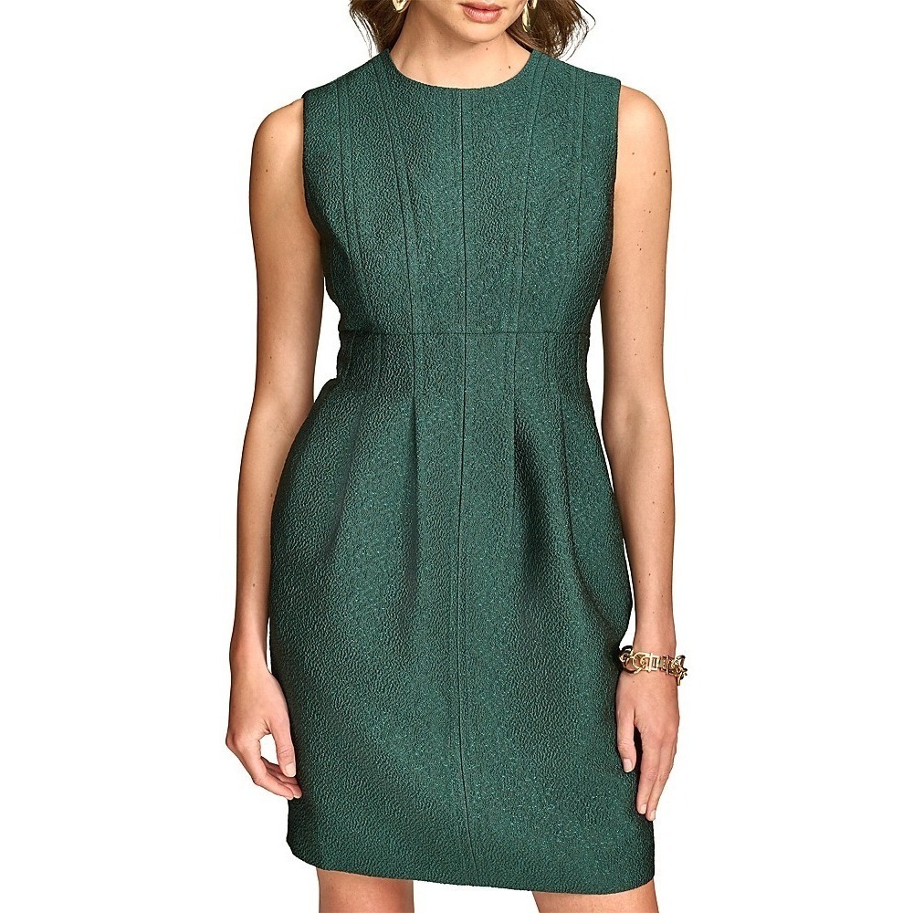 Donna Karan Pleated Metallic Jacquard Green Sheath Dress Womens 8